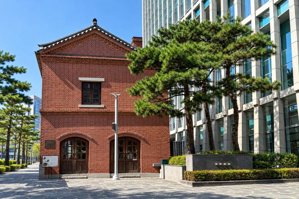 Traditional Korean architecture beside a modern office building in Seoul